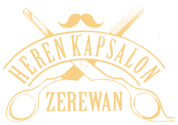 Logo van Heren Kapsalon Zerewan: gouden letters in een boog, met een snor, een scheermes, een kam en een schaar